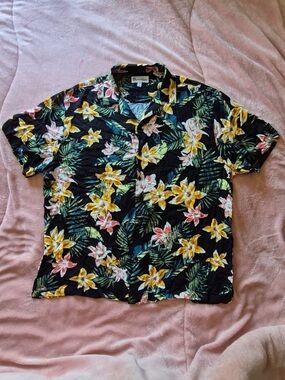 No Boundaries Black Floral Button-Down Shirt with Yellow & Pink Blooms